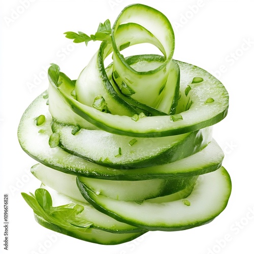 Macro Shot of a Rolled up Cucumber Curl or Slice on White Background