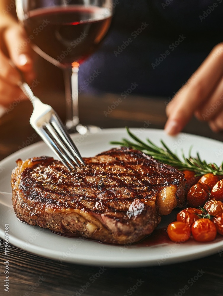 Savoring a juicy steak dinner with wine fine dining restaurant gourmet cuisine cozy atmosphere close-up view culinary delight Savoring a juicy steak dinner with wine fine dining restaurant gourmet cuisine cozy atmosphere close-up view culinary delight