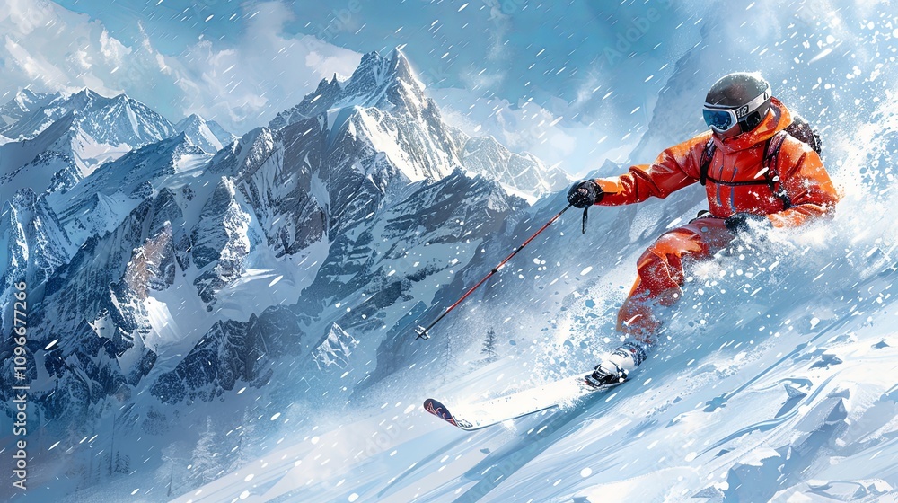 Skier descending a snowy slope in the Alps Skier descending a snowy slope in the Alps