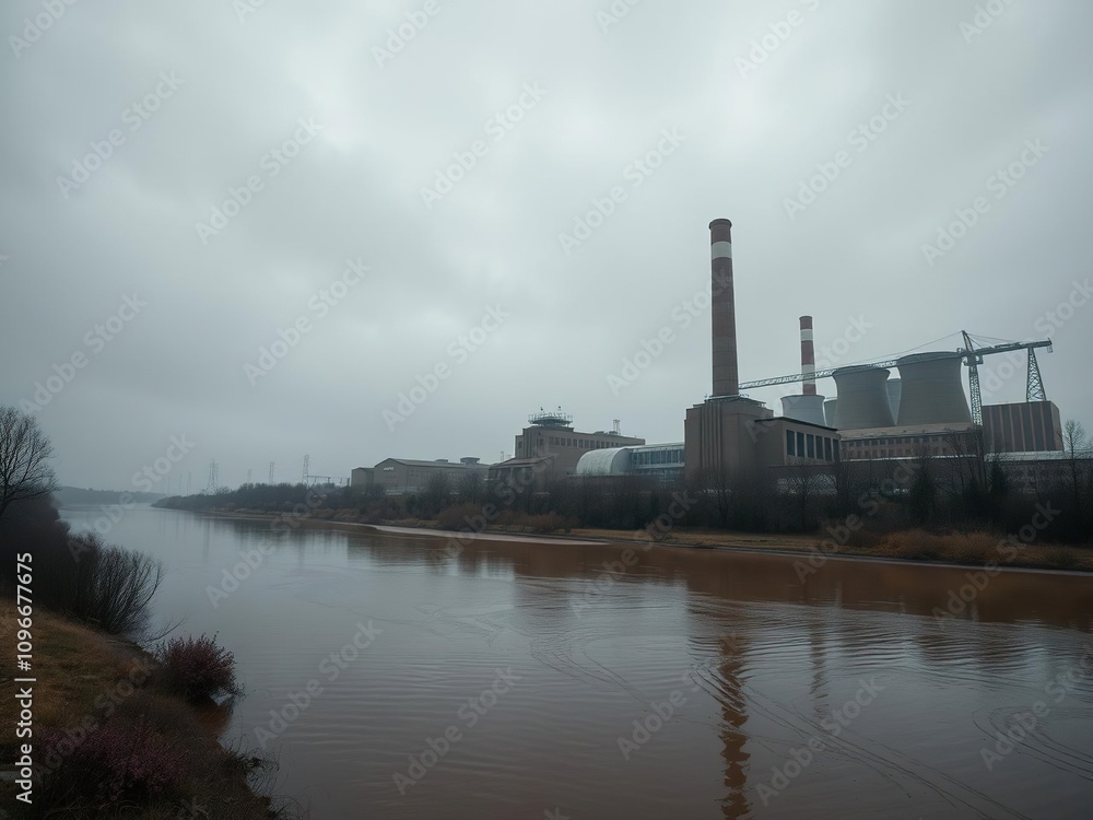 Industrial power plant with a grey and overcast atmosphere under a brown river, pollution, power plant, urban scenery Industrial power plant with a grey and overcast atmosphere under a brown river, pollution, power plant, urban scenery