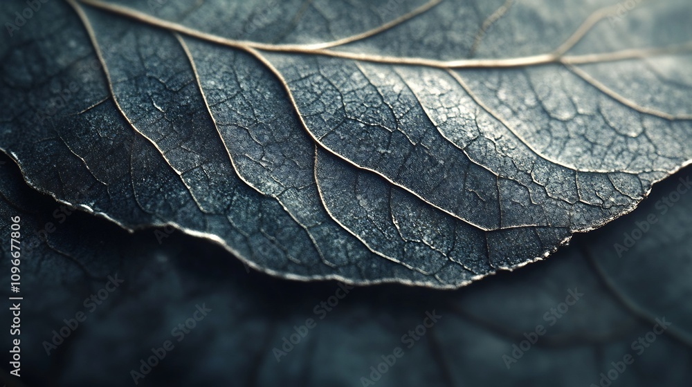 Stunning close up macro shot of a botanical leaf highlighting the intricate network of veins and the natural textures and patterns in soft natural lighting