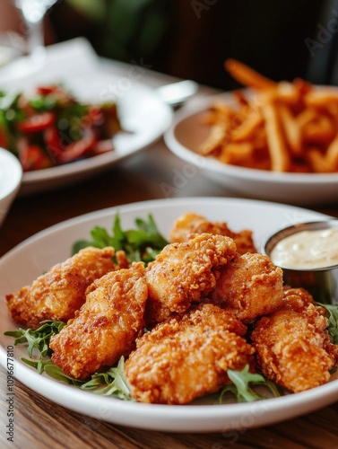 Delicious fried chicken platter cozy restaurant food inviting atmosphere close-up culinary delight