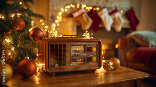 Retro Light Brown Radio on Wooden Table with Christmas Ornaments and Glowing Fairy Lights in Festive Living Room

