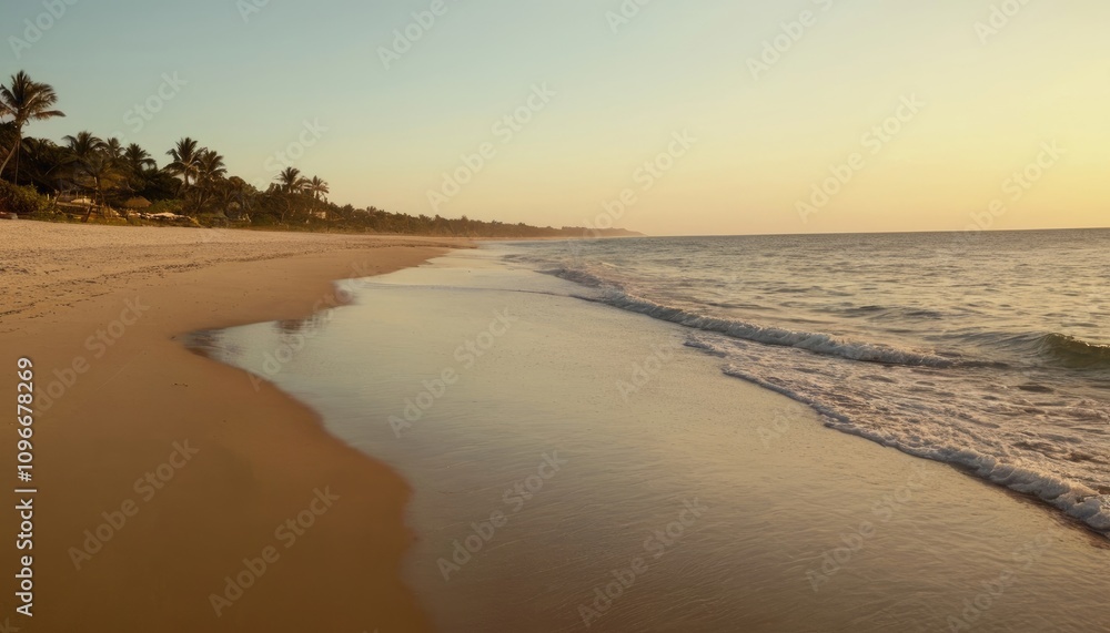 A serene beach at dawn, with gentle waves lapping the shore and the horizon glowing with early sunlight A serene beach at dawn, with gentle waves lapping the shore and the horizon glowing with early sunlight
