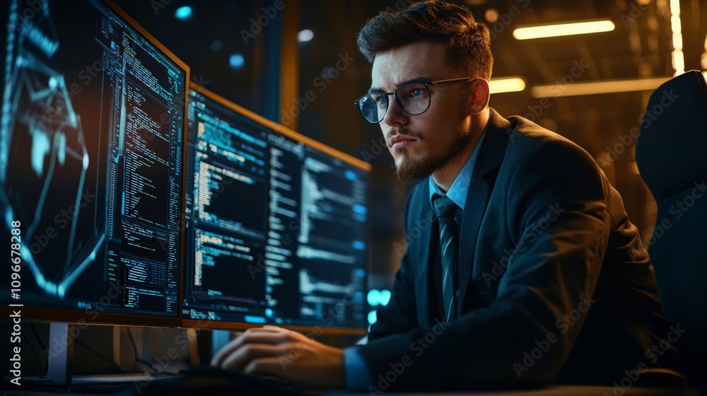 Cybersecurity expert analyzing threats, focused and content in a modern workspace Cybersecurity expert analyzing threats, focused and content in a modern workspace