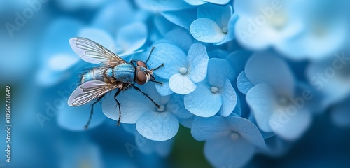 Minimalist and elegant depiction of a fly on a stark blue hydrangea, with soft focus photo