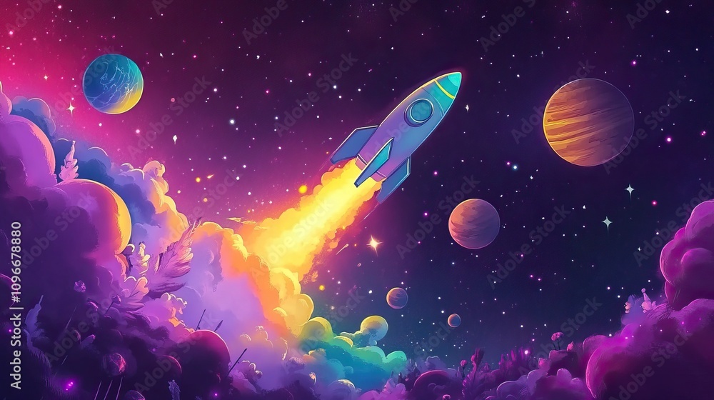 Naklejka premium Colorful cartoon rockets exploring the vibrant cosmos. Space Background for Wallpaper. AI generated image