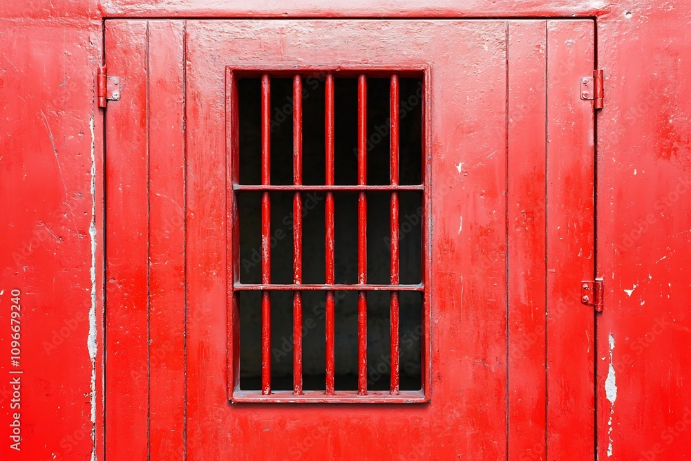 Bright Red Prison Cell Door with Small Barred Window Depicting Captivity and Confinement Bright Red Prison Cell Door with Small Barred Window Depicting Captivity and Confinement