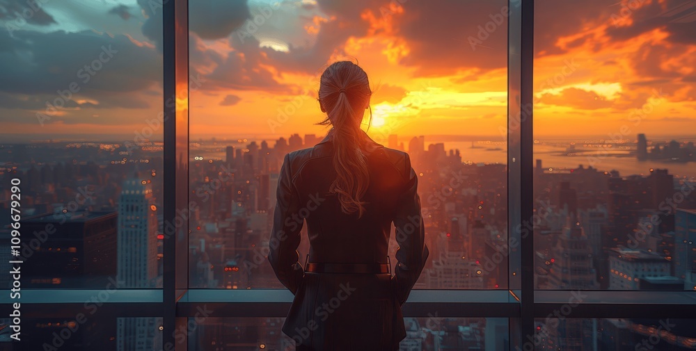 Fototapeta premium Confident businesswoman in leather suit gazing out window at downtown skyscrapers sunset professional leader in modern office reflecting on career success