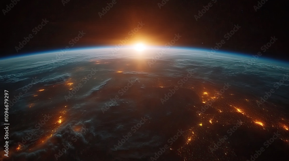 Obraz premium Abstract cosmic views of Earth and space at sunrise. Background for Wallpaper. AI generated image