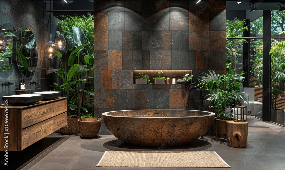 Luxurious Modern Bathroom with Natural Stone Bathtub and Wooden Accessories Luxurious Modern Bathroom with Natural Stone Bathtub and Wooden Accessories
