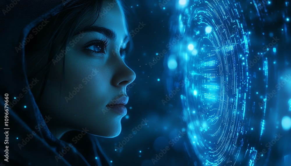 Cyber security expert in a hood, navigating through security alerts and digital graphs, intense dark blue atmosphere, futuristic technology feel Cyber security expert in a hood, navigating through security alerts and digital graphs, intense dark blue atmosphere, futuristic technology feel
