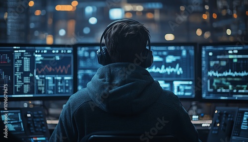 Cyber security expert in a hood, navigating through security alerts and digital graphs, intense dark blue atmosphere, futuristic technology feel