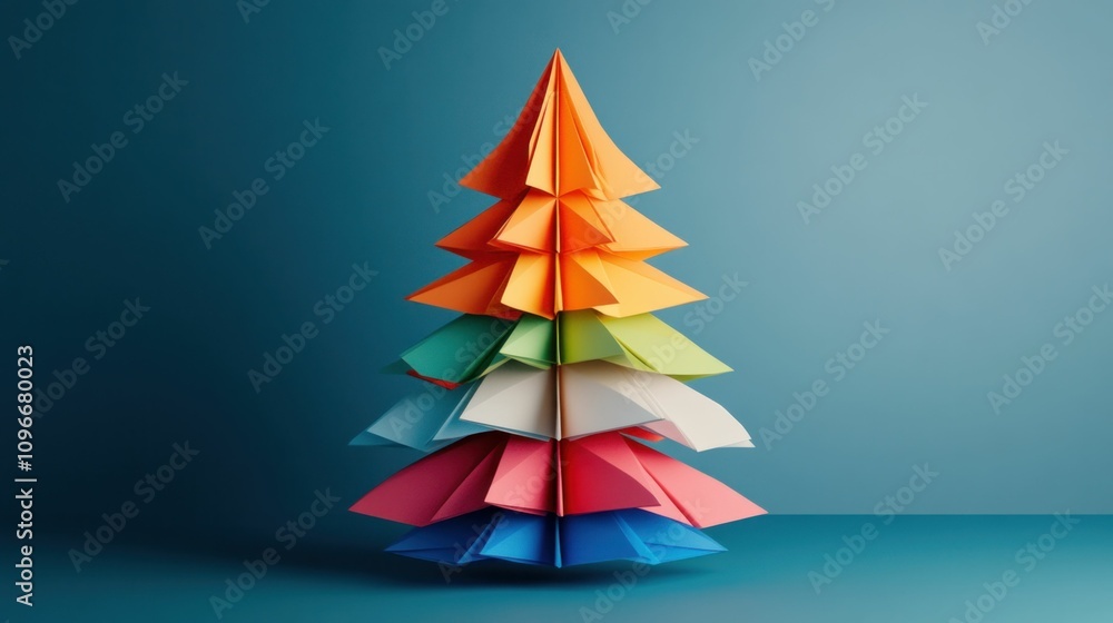 Colorful paper tree, made from vibrant geometric shapes, stands on a smooth blue background, showcasing a playful and artistic concept of holiday decorations and creativity Colorful paper tree, made from vibrant geometric shapes, stands on a smooth blue background, showcasing a playful and artistic concept of holiday decorations and creativity