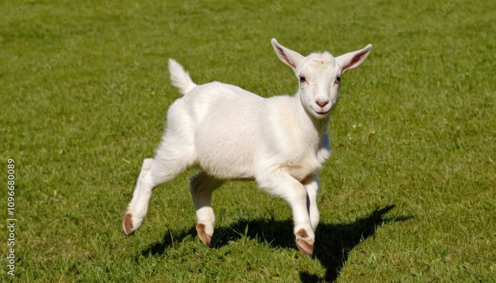 A baby goat jumping playfully in a sunny field A baby goat jumping playfully in a sunny field