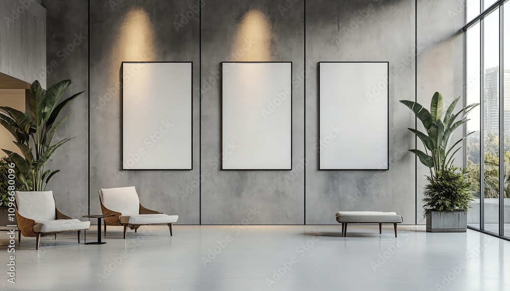 Empty white posters on a concrete wall in a sleek office lobby, modern office furniture and minimalist design in the background, 3D rendering Empty white posters on a concrete wall in a sleek office lobby, modern office furniture and minimalist design in the background, 3D rendering