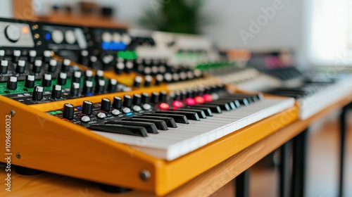 A vibrant synthesizer with colorful knobs and keys, set on a wooden table, showcasing an intricate design ideal for music production.