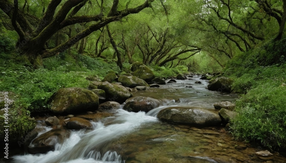 A tranquil scene of a stream flowing through the Madara region, surrounded by flora A tranquil scene of a stream flowing through the Madara region, surrounded by flora