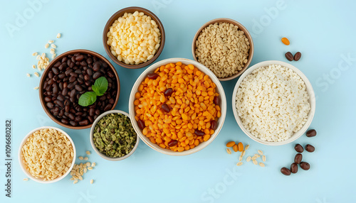 A variety of grains and legumes in bowls ready for a healthy meal isolated highlighted by white, png photo