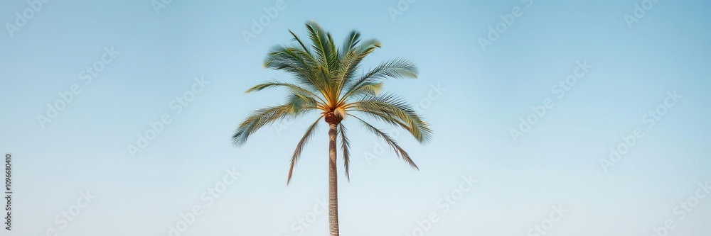 Obraz premium Close-up of a single palm tree standing tall in the sand, serene, beach scene, foliage