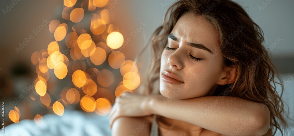 Fototapeta premium Woman Suffering from Neck and Shoulder Pain in Bedroom Holding Shoulder, Office Syndrome, Muscle Strain, Massage Inflammation, Health Care Lifestyle, High Quality Photography