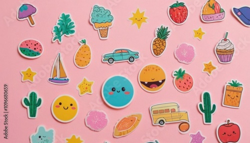 A vibrant collection of cute stickers in a fun shape on a pastel background