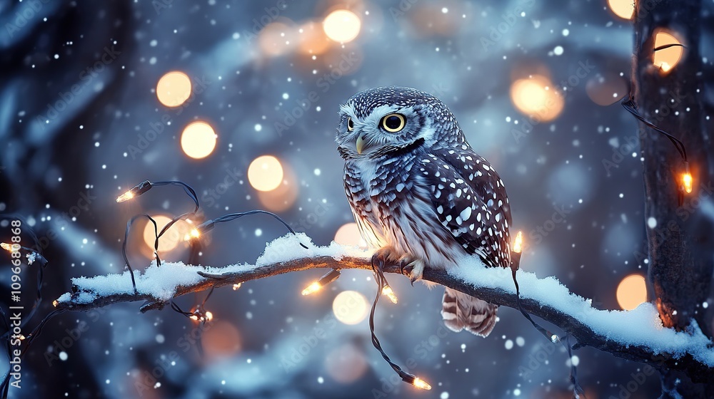 Snowy owl perched on a snow-covered branch with twinkling lights. Snowy owl perched on a snow-covered branch with twinkling lights.