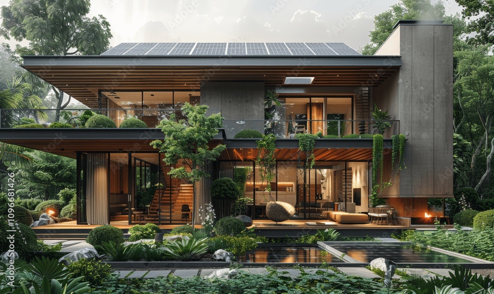 Modern energy-efficient home with solar panels and heat pump Modern energy-efficient home with solar panels and heat pump