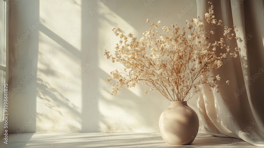 Elegant minimalist setup featuring a vase filled with delicate vintage dried flowers set against a backdrop of soft natural lighting creating a serene and peaceful ambiance Elegant minimalist setup featuring a vase filled with delicate vintage dried flowers set against a backdrop of soft natural lighting creating a serene and peaceful ambiance
