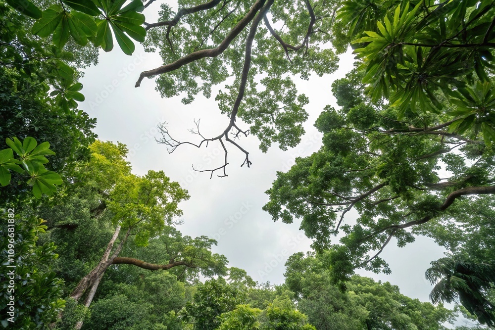 Obraz premium Tropical forest canopy with dense foliage, verdant landscape, wilderness area, palm trees