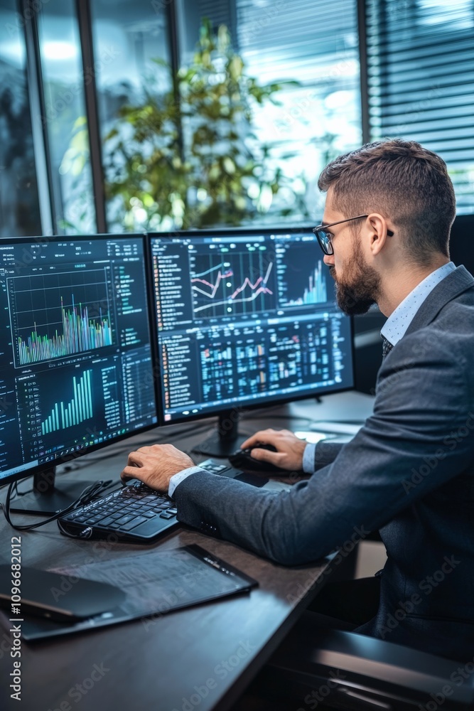Data analyst working on complex datasets in a high-tech office, screens displaying graphs Data analyst working on complex datasets in a high-tech office, screens displaying graphs