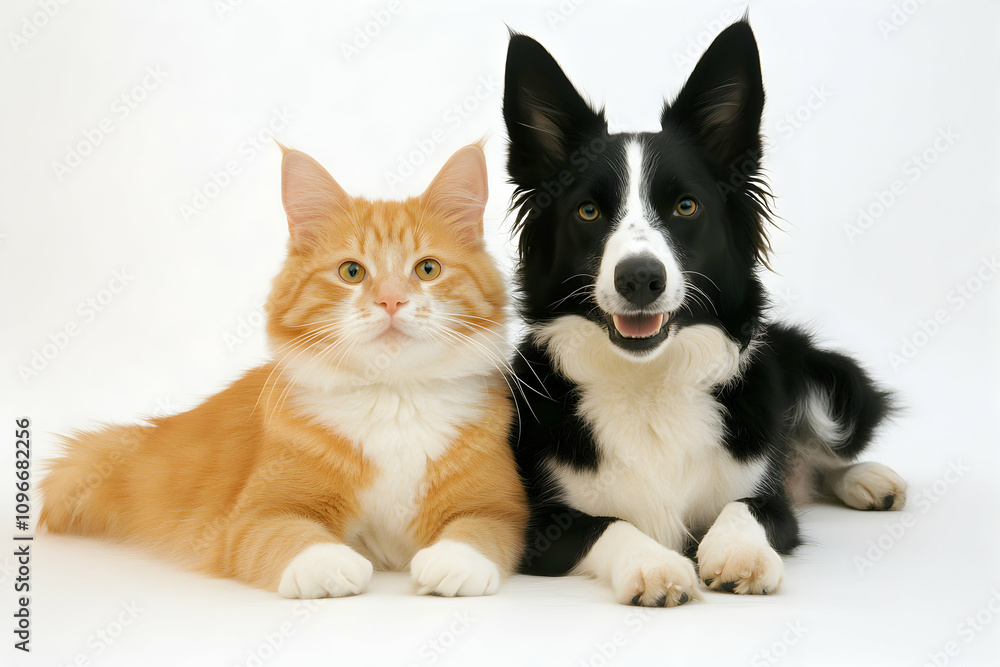 Adorable ginger cat and friendly Border Collie dog lying together, perfect for pet adoption, veterinary, or animal lover websites. Adorable ginger cat and friendly Border Collie dog lying together, perfect for pet adoption, veterinary, or animal lover websites.