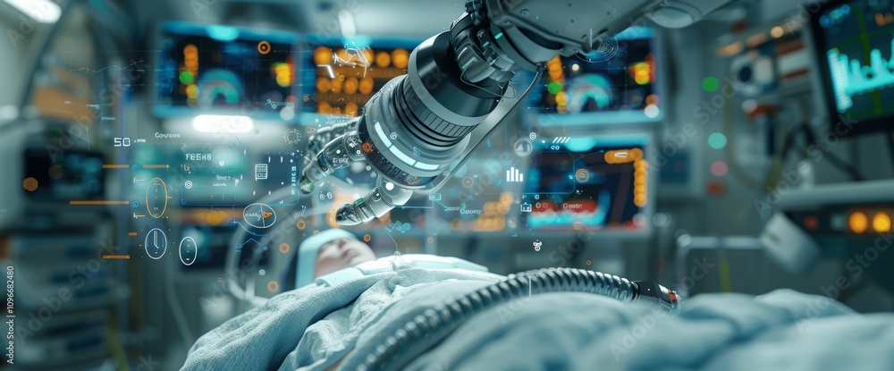 advanced automated robotic arms in precision surgery with futuristic medical technology and holographic data hospital scene advanced automated robotic arms in precision surgery with futuristic medical technology and holographic data hospital scene