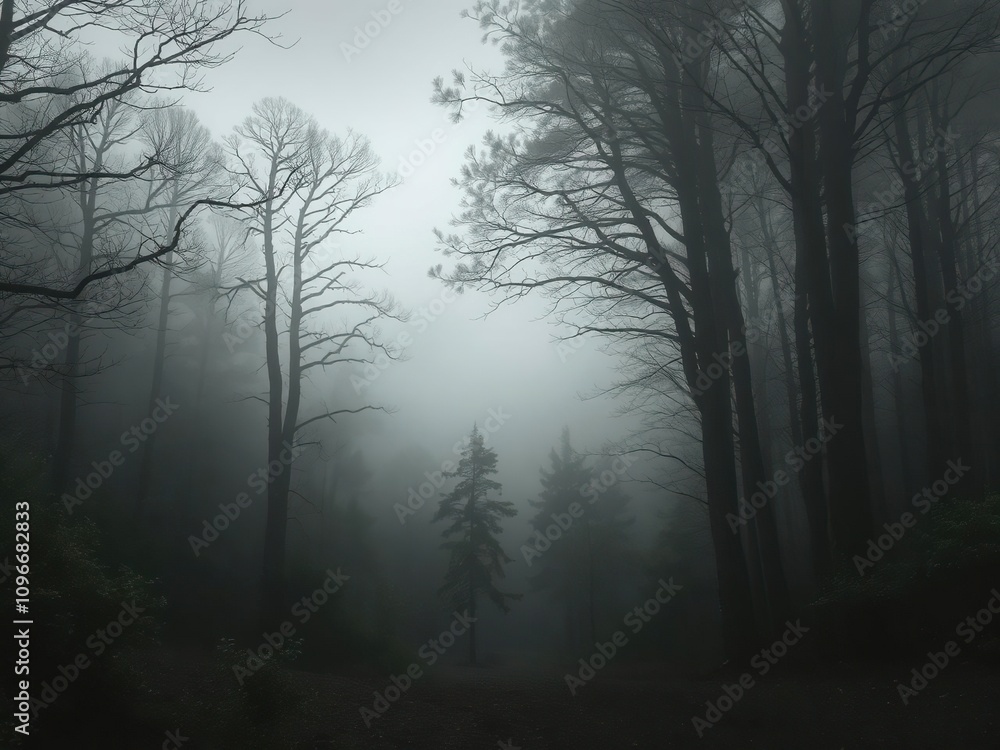 Dark and mysterious forest shrouded in thick fog, creating a hauntingly beautiful landscape, dusk, tranquil, dreamy Dark and mysterious forest shrouded in thick fog, creating a hauntingly beautiful landscape, dusk, tranquil, dreamy