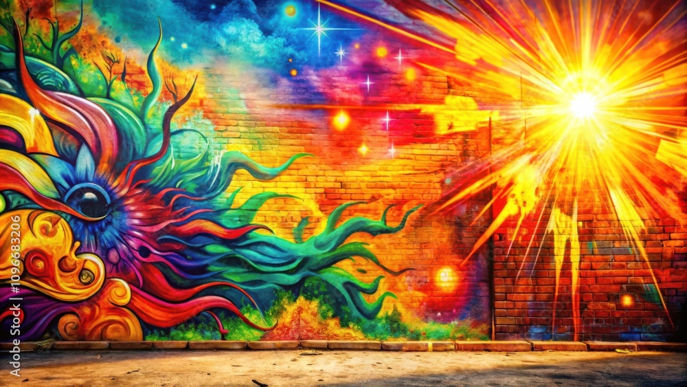 A vibrant abstract mural depicting a stylized flower bursts with color against a backdrop of a brick wall bathed in a warm golden light. A vibrant abstract mural depicting a stylized flower bursts with color against a backdrop of a brick wall bathed in a warm golden light.