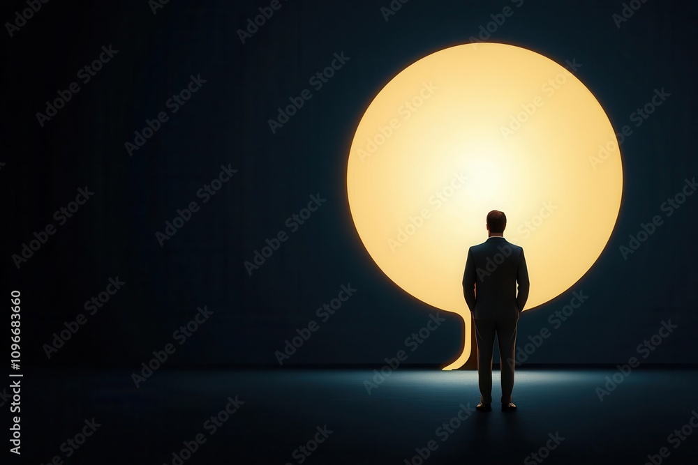 Obraz premium Businessman standing in front of a giant glowing idea tree, representing growth through creativity, idea growth, innovation in business