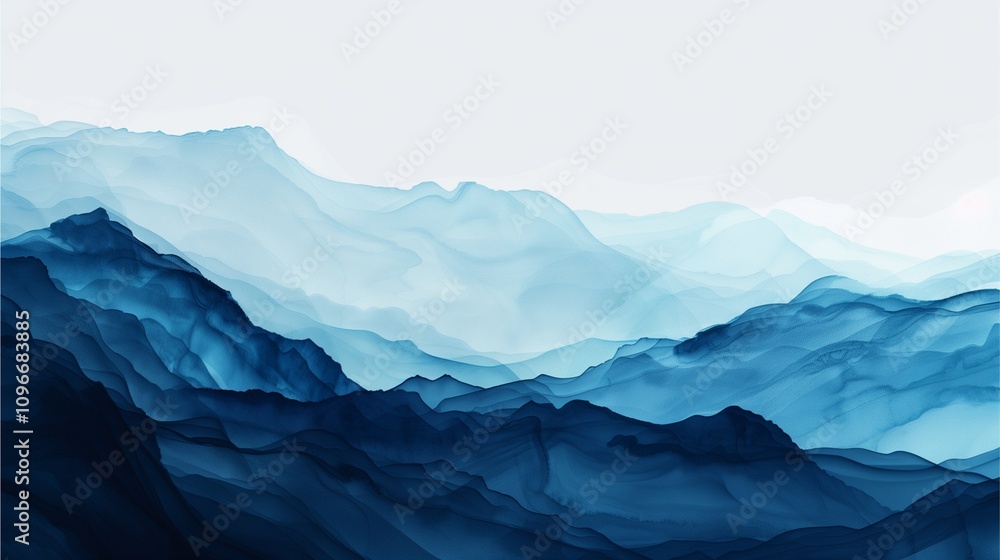 Fototapeta premium Serene Blue Mountains: Abstract Ink Landscape 