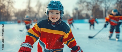 Cheerful Young Hockey Player Smiling Outdoors During Winter Sports Activity with Friends and Family on Frozen Ice Rink  Enjoying Seasonal Fun and Recreation