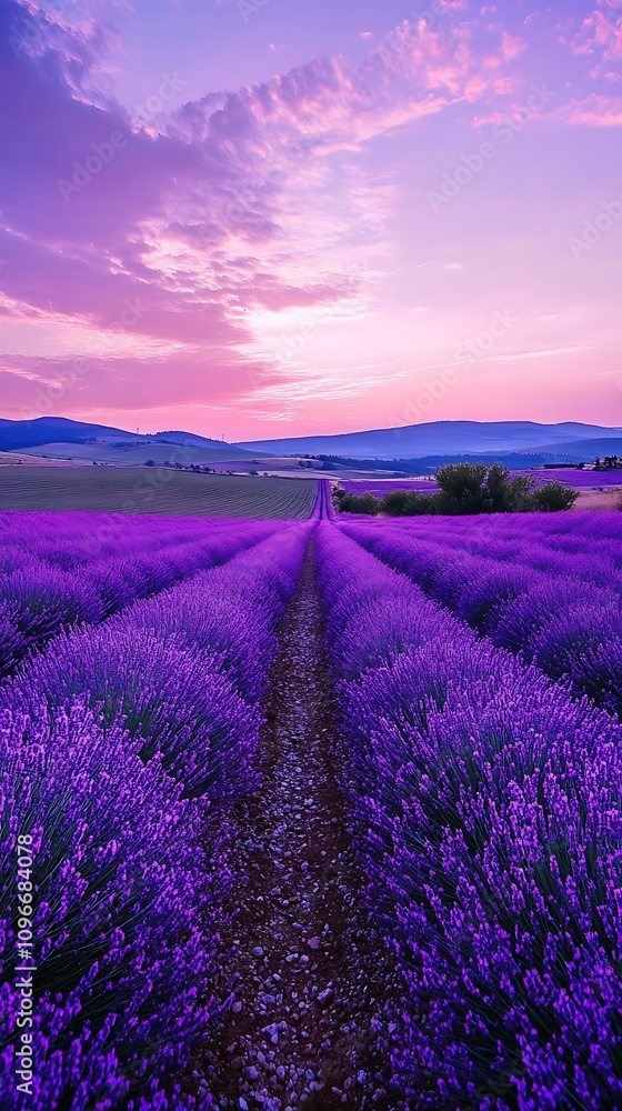 Obraz premium Purple flowers bordering road tranquil nature field picture