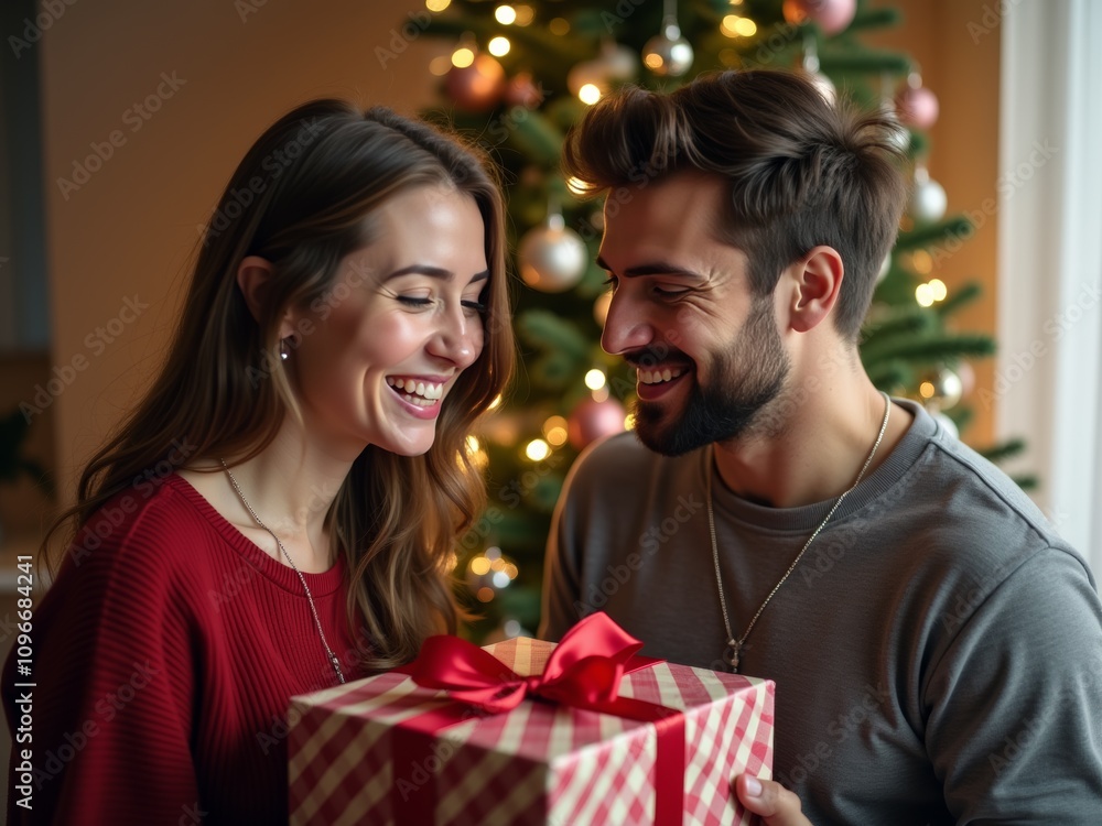 A couple smiles at each other while exchanging a present, surrounded by warm Christmas lights and a festively decorated tree, capturing the spirit of the holiday season. A couple smiles at each other while exchanging a present, surrounded by warm Christmas lights and a festively decorated tree, capturing the spirit of the holiday season.