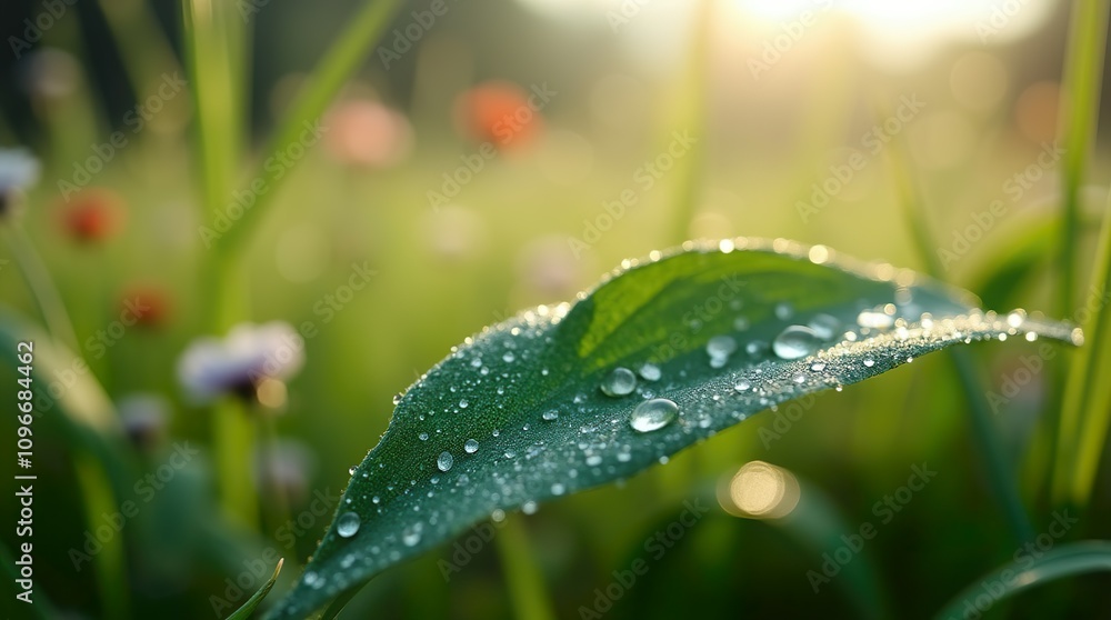 Highly detailed micro close-up of a dew-soaked leaf, with its veins and surface textures sharply defined. The background is a soft-focus bokeh, featuring hints of wildflowers, grasses, and dappled sun Highly detailed micro close-up of a dew-soaked leaf, with its veins and surface textures sharply defined. The background is a soft-focus bokeh, featuring hints of wildflowers, grasses, and dappled sun