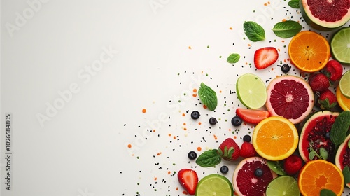 Fototapeta Naklejka Na Ścianę i Meble -  Vibrant Fruit Fiesta: A vibrant mix of fresh, juicy fruits like strawberries, oranges, grapefruits, and limes create a delicious and healthy border.