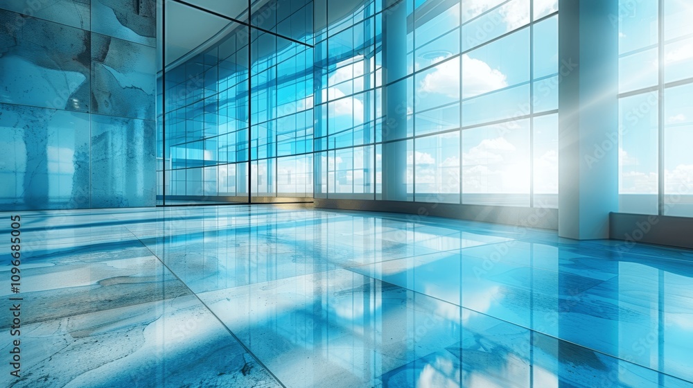 Obraz premium Modern Office Interior with Glass Windows and Blue Light, Abstract Background for Business Design