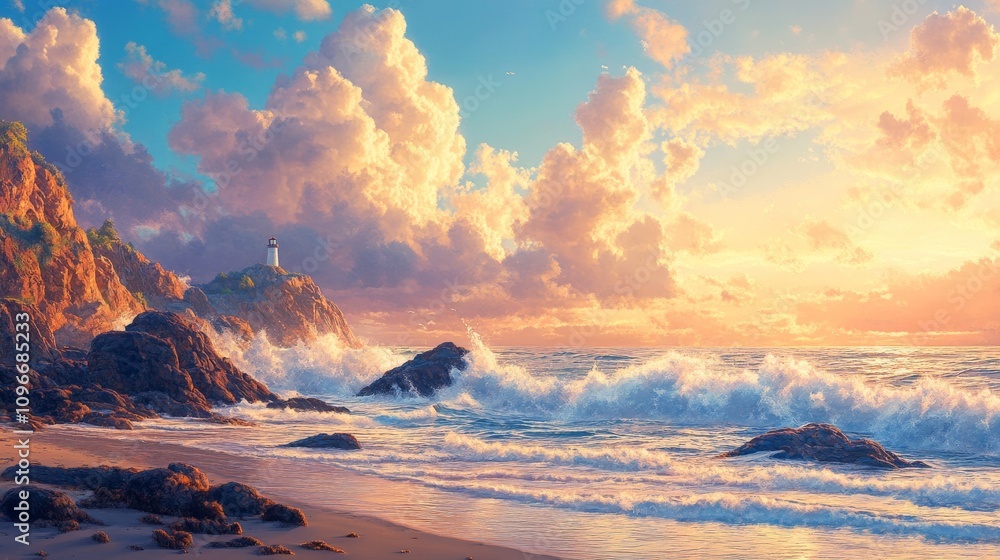 A breathtaking coastal scene featuring vibrant sunset colors reflecting on the waves, rocky cliffs silhouetted against the horizon, and soft clouds above. A breathtaking coastal scene featuring vibrant sunset colors reflecting on the waves, rocky cliffs silhouetted against the horizon, and soft clouds above.