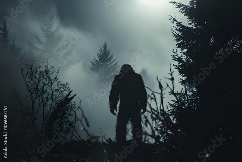 A mysterious figure, shrouded in shadow, stands in a misty forest, creating a sense of suspense and wonder. photo