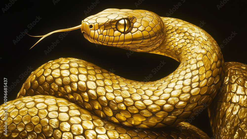 Shimmering Majesty: Intricate Gold-Leaf Scales of a Coiled Snake