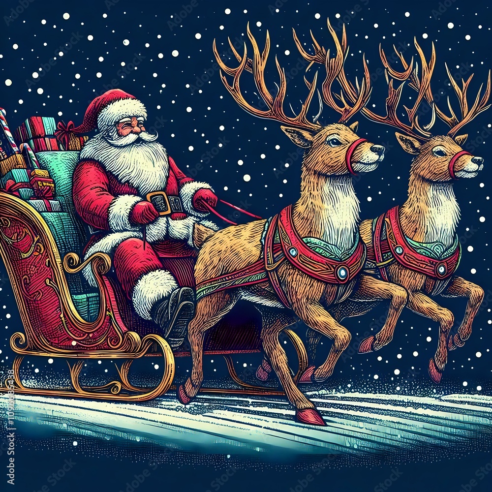 Santa Claus Riding His Sleigh with Reindeer on a Starry Night Stock ...