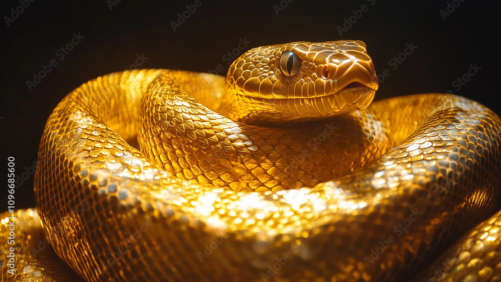 Fototapeta premium Shimmering Majesty: Intricate Gold-Leaf Scales of a Coiled Snake