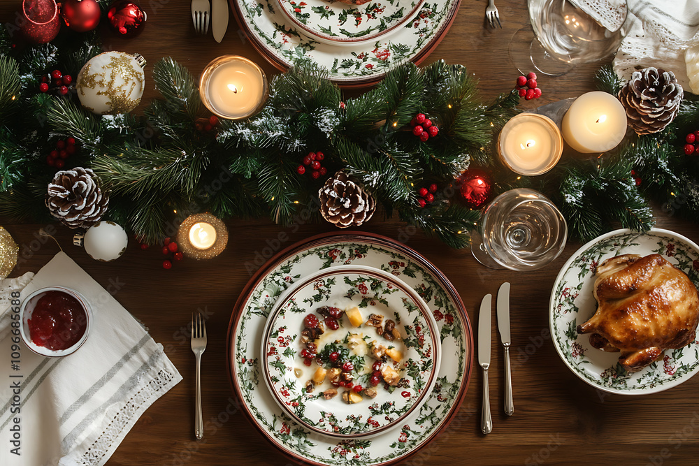 An image of a festively laid table featuring traditional holiday dishes, Christmas tree decorations, and glowing candles, creating a warm and inviting holiday atmosphere. An image of a festively laid table featuring traditional holiday dishes, Christmas tree decorations, and glowing candles, creating a warm and inviting holiday atmosphere.