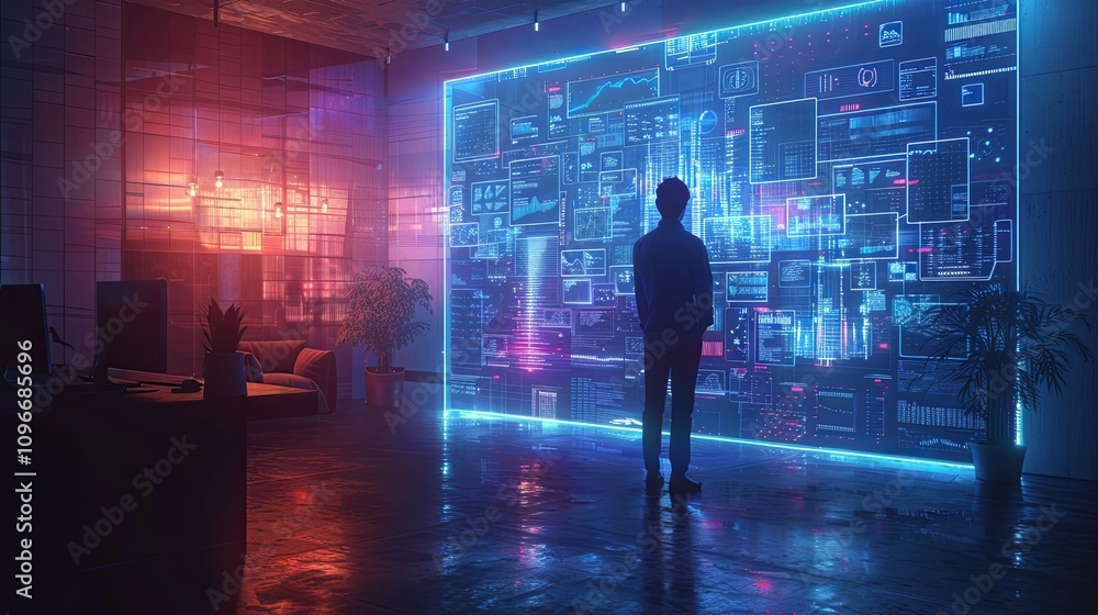 Sleek modern office with employees using advanced tech like holograms Sleek modern office with employees using advanced tech like holograms